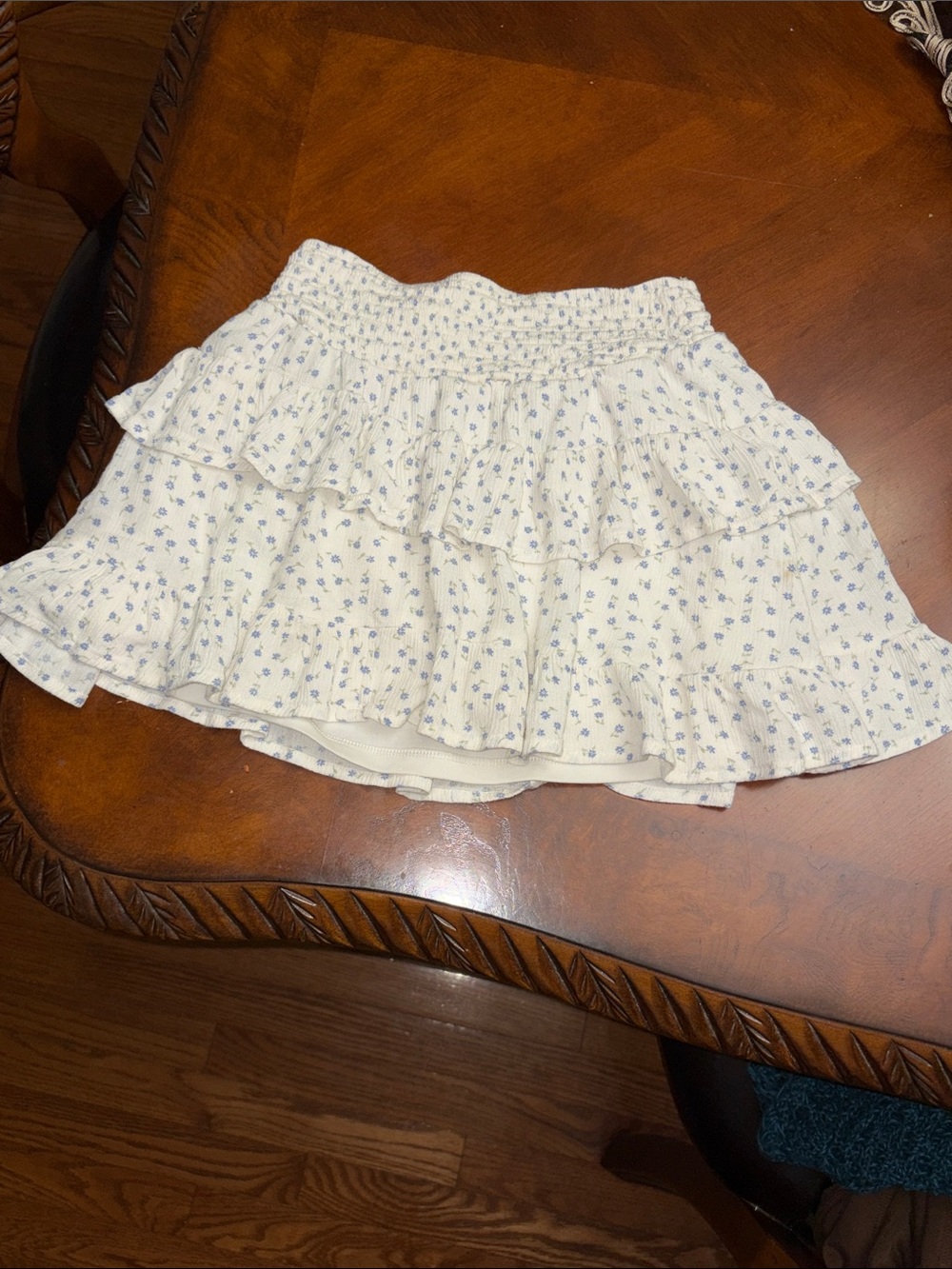 art class White Mini Skirt with Blue Floral Ruffle Layers